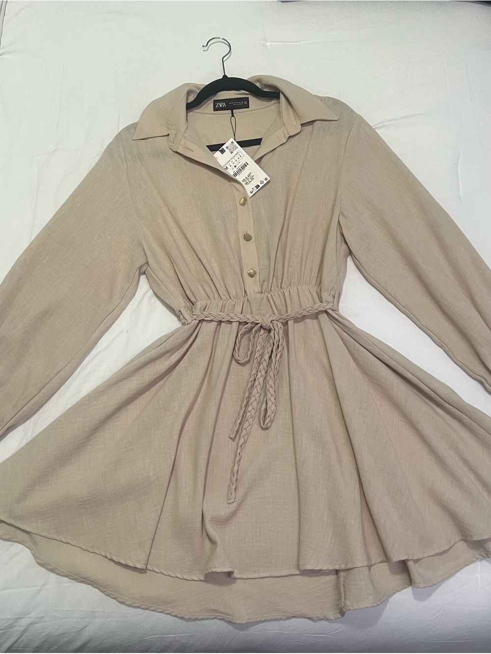 ZARA Beige Button-Front Long Sleeve Shirt Dress with Braided Tie (New w/ Tag)